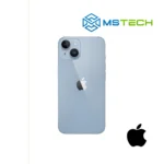 Prikaz Apple iPhone 14 128GB Blue mobilnog telefona. Na slici je prikazana zadnja strana mobitela. Pored toga na slici se nalazi logo naše firme "MS Tech" i logo proizvođača "APPLE".