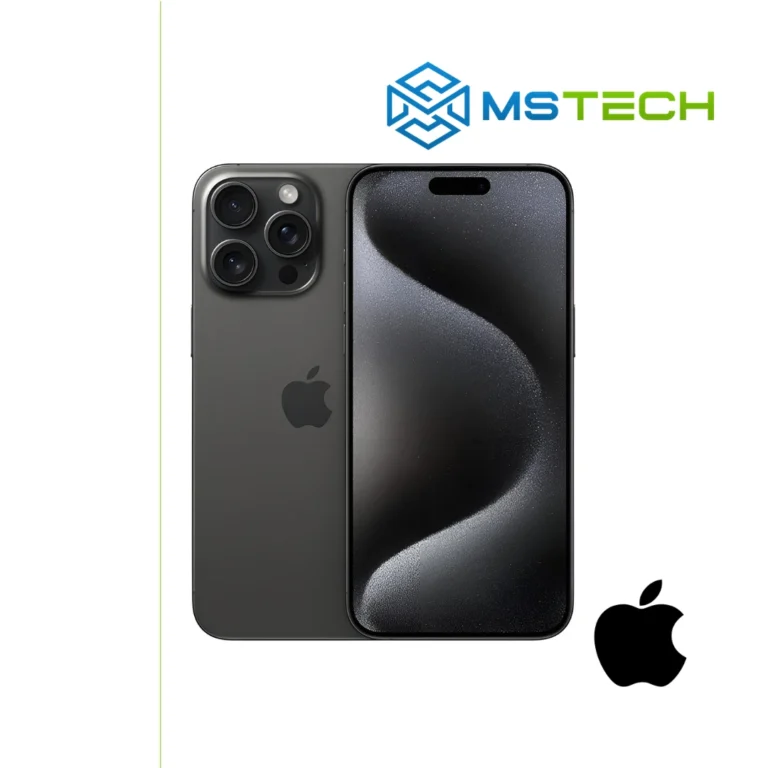 Prikaz Apple iPhone 15 Pro 128GB Black mobilnog telefona. Na slici je prikazana prednja i zadnja strana mobitela. Pored toga na slici se nalazi logo naše firme "MS Tech" i logo proizvođača "APPLE".