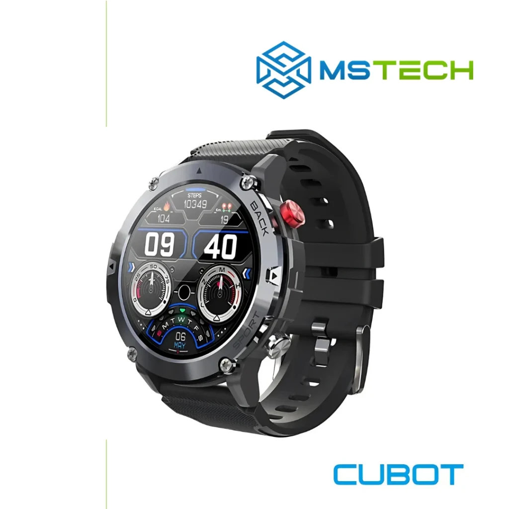 Prikaz desne strane CUBOT C21 BLACK pametnog sata. Pored toga na slici je prikazan logo naše firme "MSTech" i logo proizvođača "CUBOT".