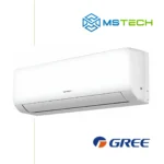 Prikaz desne strane unutrašnje jedinice GREE 12K Cosmo Regular inverter klima uređaja bijele boje. Na slici se nalazi logo naše firme "MS Tech" i logo proizvođača "GREE".