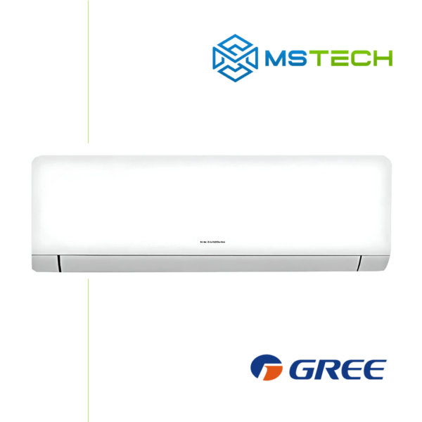 Prikaz prednje strane unutrašnje jedinice GREE 12K Cosmo Regular inverter klima uređaja bijele boje. Na slici se nalazi logo naše firme "MS Tech" i logo proizvođača "GREE".