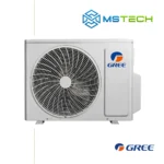 Prikaz prednje strane vanjske jedinice GREE 12K Cosmo Regular inverter klima uređaja bijele boje. Na slici se nalazi logo naše firme "MS Tech" i logo proizvođača "GREE".