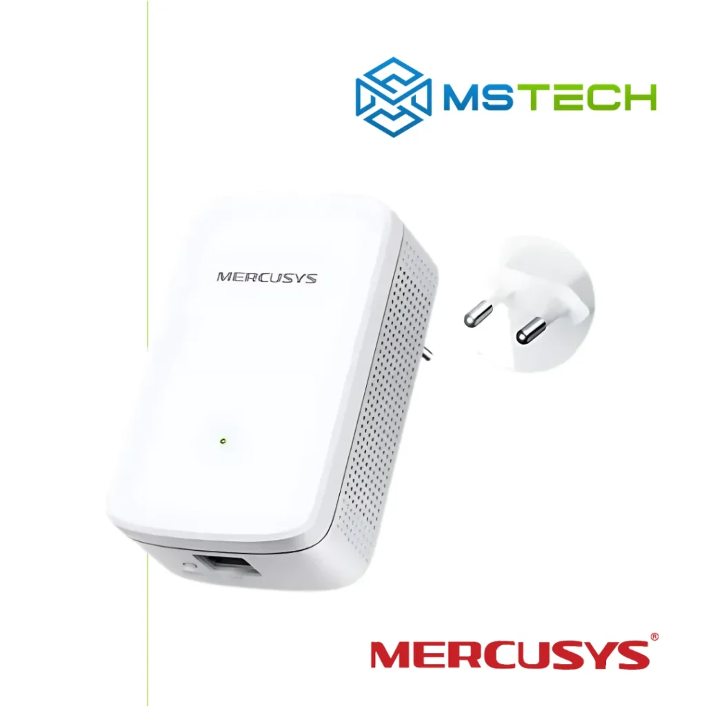Na slici su prikazani MERCUSYS ME10 300MBPS WIRELESS RANGE EXTENDER, logo naše firme "MSTech" i logo proizvođača "MERCUSYS".