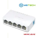 Na slici su prikazani MERCUSYS MS105 DESKTOP SWITCH 5-PORT 10/100 MBPS, logo naše firme "MSTech" i logo proizvođača "MERCUSYS".
