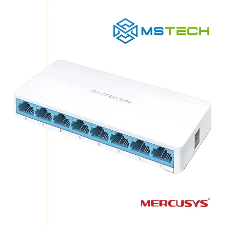 Na slici su prikazani MERCUSYS MS108G DESKTOP SWITCH 8-PORT 10/100/1000 MBPS, logo naše firme "MSTech" i logo proizvođača "MERCUSYS".