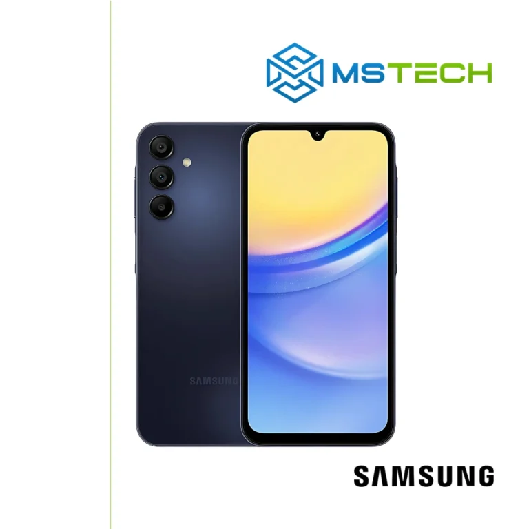 Prikaz Samsung Galaxy A15 4GB 128GB Blue Black mobilnog telefona. Na slici je prikazana prednja i zadnja strana mobitela. Pored toga na slici se nalazi logo naše firme "MS Tech" i logo proizvođača "SAMSUNG".