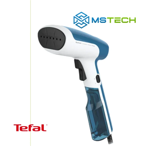 Na slici su prikazani Tefal Vertikalna Pegla Steam First - DT6130E0, logo naše firme "MSTech" i logo proizvođača "TEFAL".