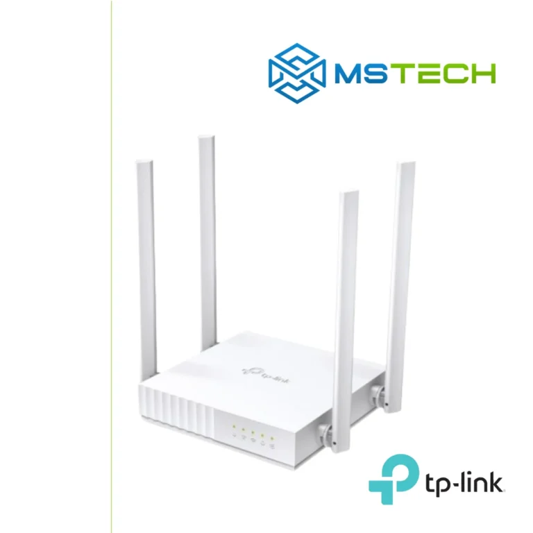 Na slici su prikazani TP-LINK ARCHER C24 AC750 WIRELESS DUAL BAND ROUTER, logo naše firme "MSTech" i logo proizvođača "TP-LINK".