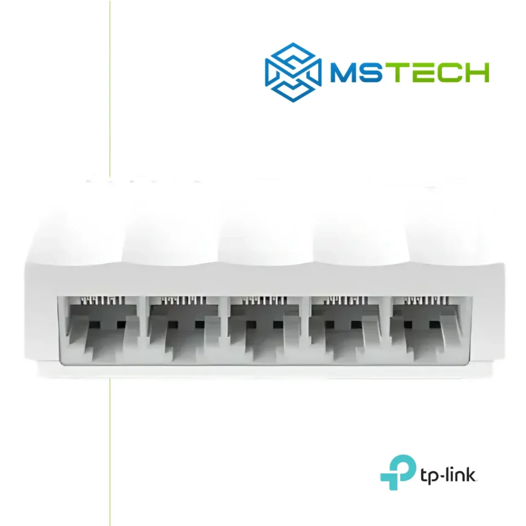 Na slici su prikazani TP-LINK LS1005 5-PORT 10/100 MBPS SWITCH, logo naše firme "MSTech" i logo proizvođača "TP-LINK".