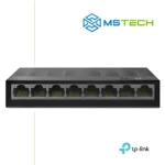 Na slici su prikazani TP-LINK LS1008G 8-PORT 10/100/1000 MBPS GIGABIT SWITCH, logo naše firme "MSTech" i logo proizvođača "TP-LINK".