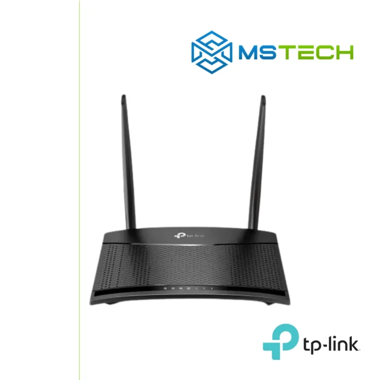 Na slici su prikazani TP-LINK TL-MR100 3G/4G LTE ROUTER, logo naše firme "MSTech" i logo proizvođača "TP-LINK".