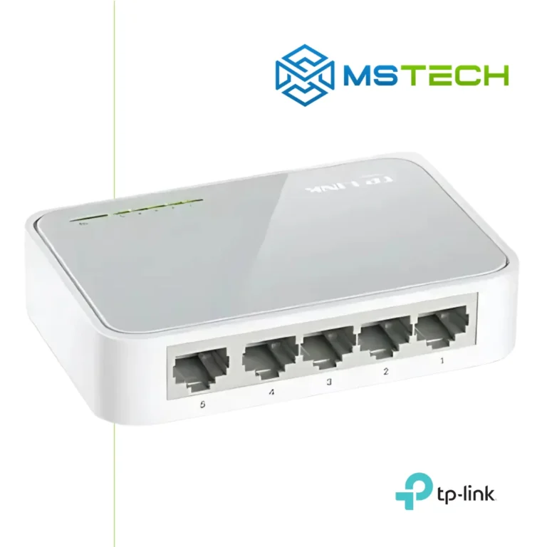 Na slici su prikazani TP-LINK TL-SF1005D 5-PORT 10/100 MBPS SWITCH, logo naše firme "MSTech" i logo proizvođača "TP-LINK".