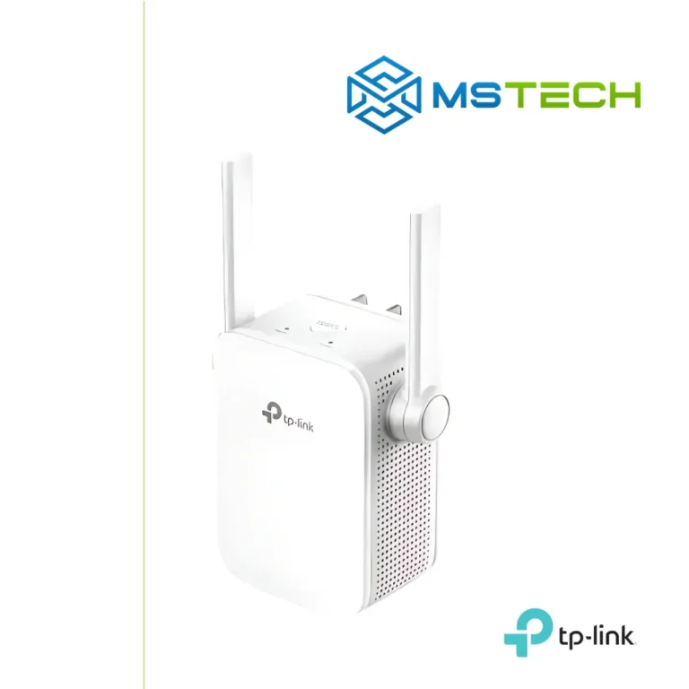 Na slici su prikazani TP-LINK TL-WA855RE WIRELESS N RANGE EXTENDER, logo naše firme "MSTech" i logo proizvođača "TP-LINK".