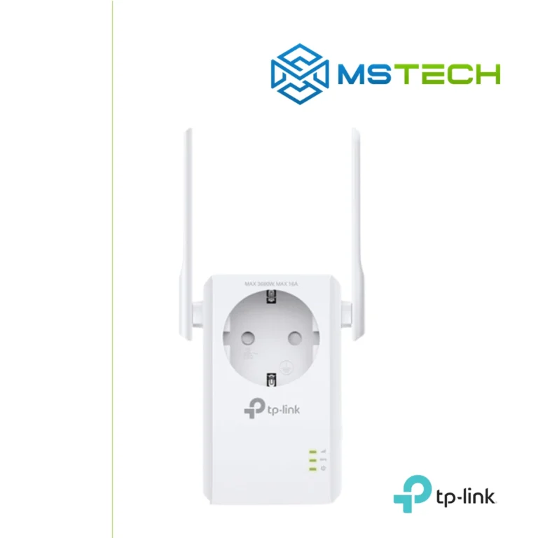 Na slici su prikazani TP-LINK TL-WA860RE WIRELESS N RANGE EXTENDER, logo naše firme "MSTech" i logo proizvođača "TP-LINK".