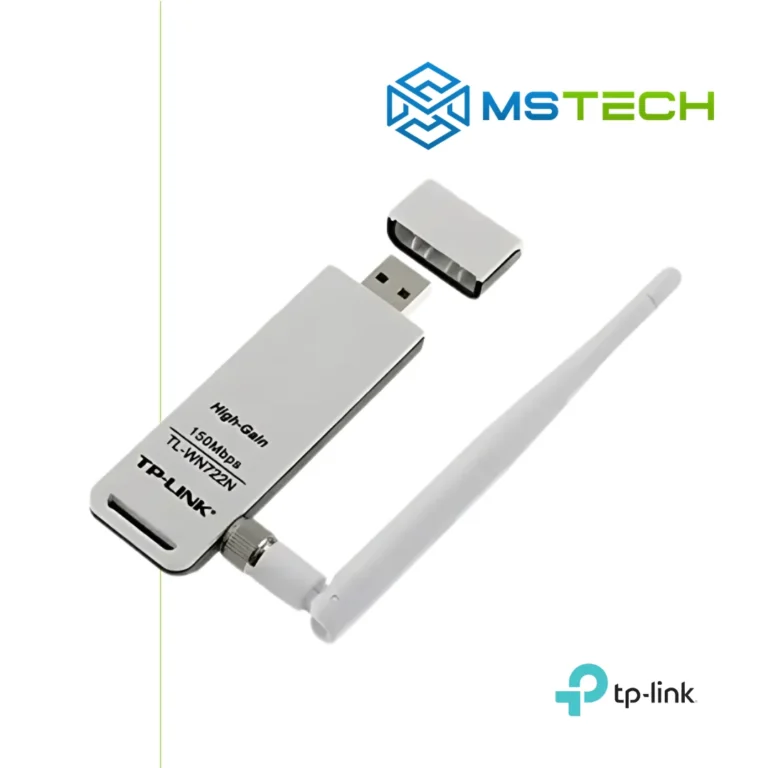 Na slici su prikazani TP-LINK TL-WN722N WIRELESS N USB ADAPTER, logo naše firme "MSTech" i logo proizvođača "TP-LINK".