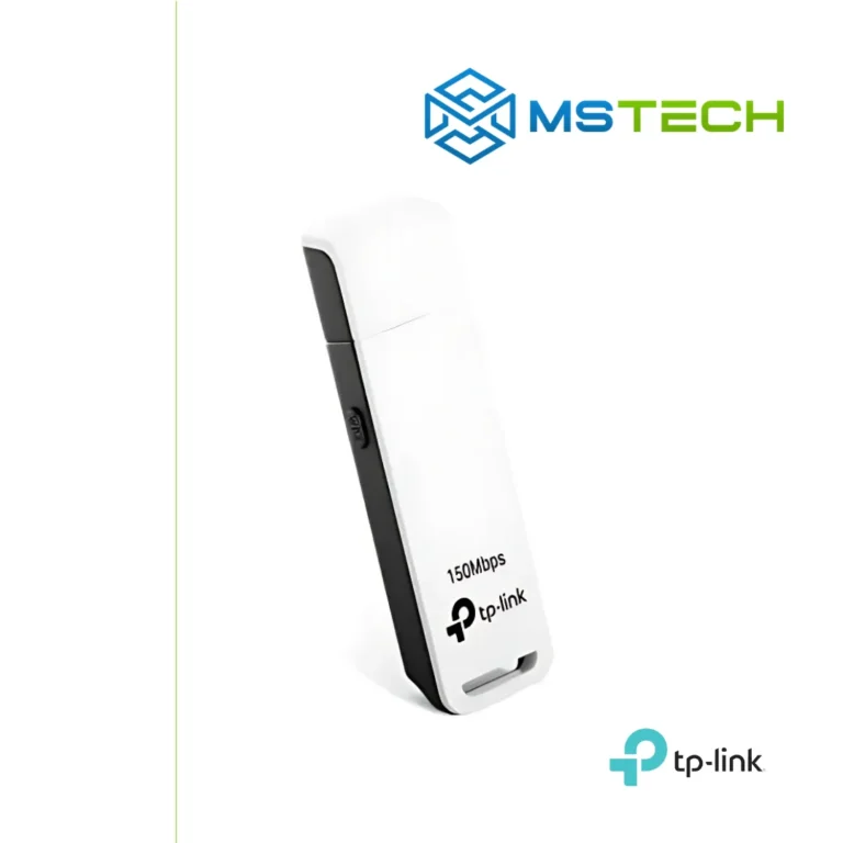 Na slici su prikazani TP-LINK TL-WN727N WIRELESS N USB ADAPTER, logo naše firme "MSTech" i logo proizvođača "TP-LINK".