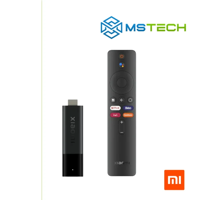 Na slici su prikazani TV BOX Xiaomi Mi TV Stick 2GB 8GB, logo naše firme "MSTech" i logo proizvođača "XIAOMI".
