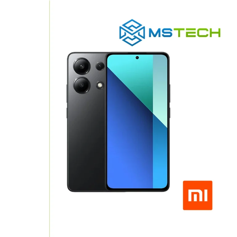 Prikaz XIAOMI REDMI NOTE 13 4G 8GB 256GB Midnight Black mobilnog telefona. Na slici je prikazana prednja i zadnja strana mobitela. Pored toga na slici se nalazi logo naše firme "MS Tech" i logo proizvođača "XIAOMI".