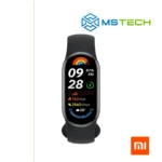 Prikaz prednje strane XIAOMI SMART BAND 9 BLACK pametnog sata. Pored toga na slici je prikazan logo naše firme "MSTech" i logo proizvođača "XIAOMI".