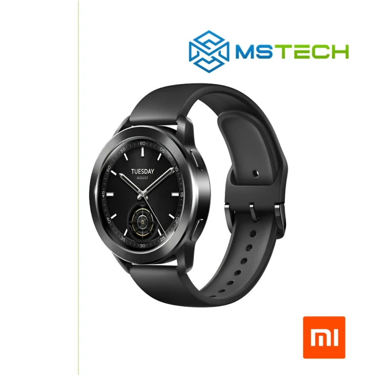 Prikaz desne strane XIAOMI WATCH S3 Black pametnog sata. Pored toga na slici je prikazan logo naše firme "MSTech" i logo proizvođača "XIAOMI".