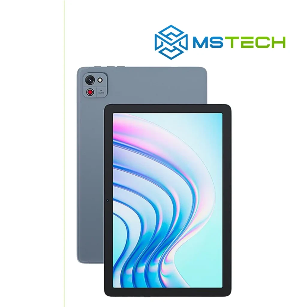 Na slici je prikazana prednja i zadnja strana Cubot Tab 60 4GB 128GB 10" Grey tableta. Pored toga na slici je prikazan logo naše firme "MSTech".
