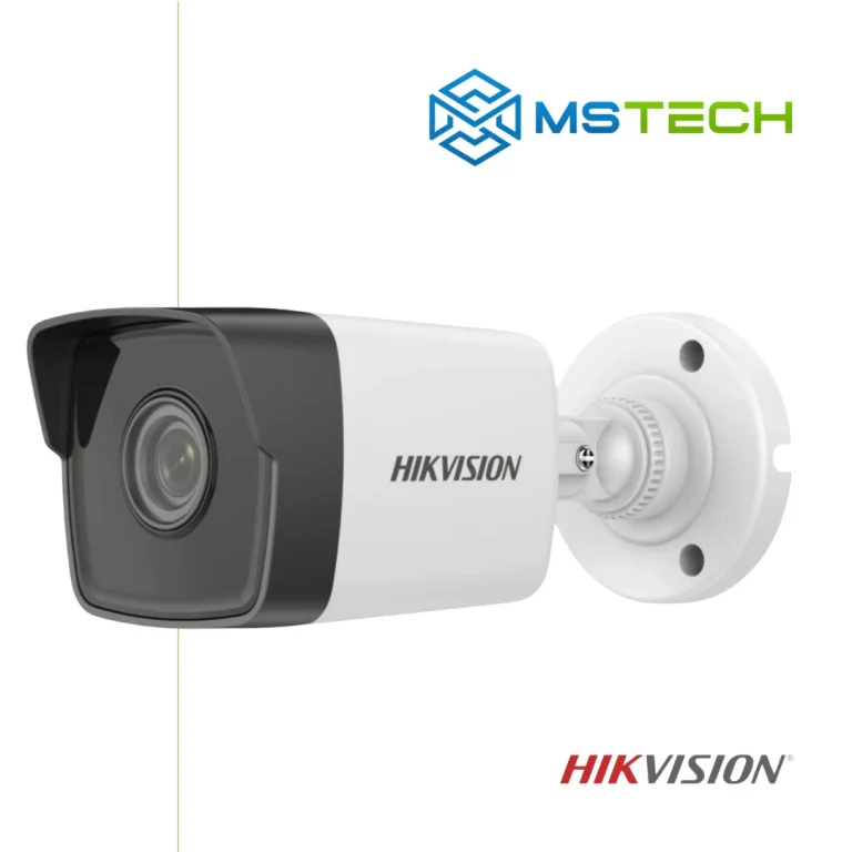 Na slici su prikazani HIKVISION DS-2CD1021-I IR IP BULLET KAMERA 2MP, logo naše firme "MSTech" i logo proizvođača "HIKVISION".