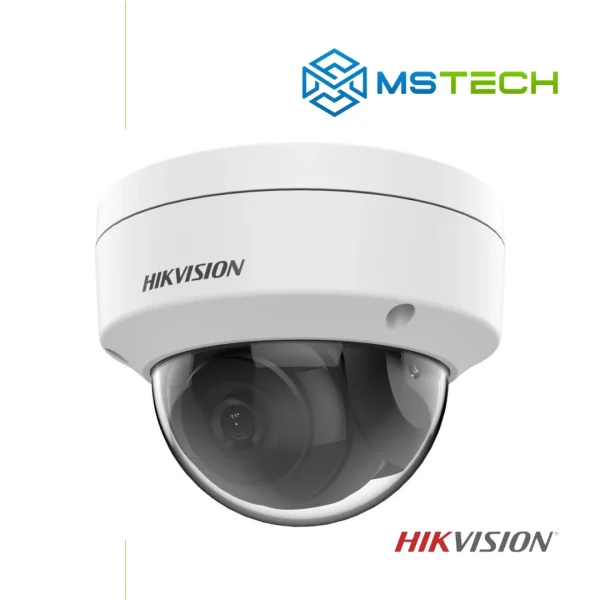 Na slici su prikazani HIKVISION DS-2CD1143G2-I 2,8MM IR IP DOME KAMERA, logo naše firme "MSTech" i logo proizvođača "HIKVISION".