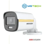 Na slici su prikazani HIKVISION DS-2CE10DF3T-FS BULLET HD-TVI COLORVU KAMERA, logo naše firme "MSTech" i logo proizvođača "HIKVISION".