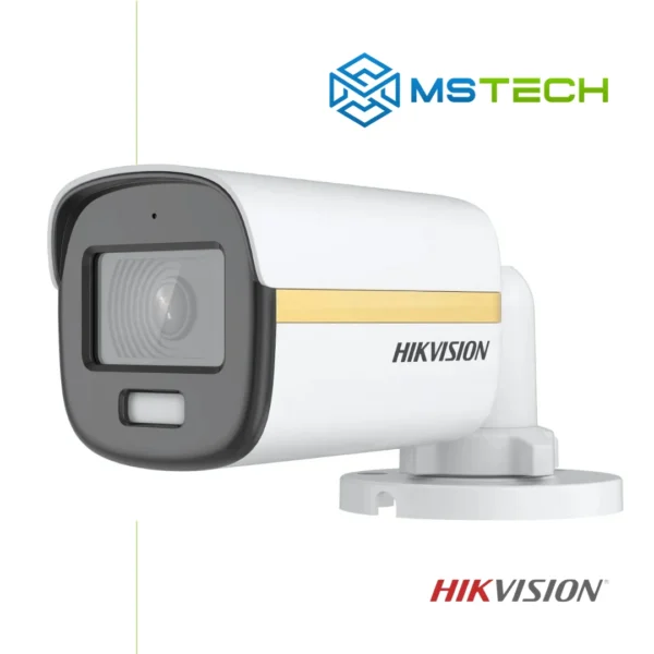 Na slici su prikazani HIKVISION DS-2CE10DF3T-FS BULLET HD-TVI COLORVU KAMERA, logo naše firme "MSTech" i logo proizvođača "HIKVISION".