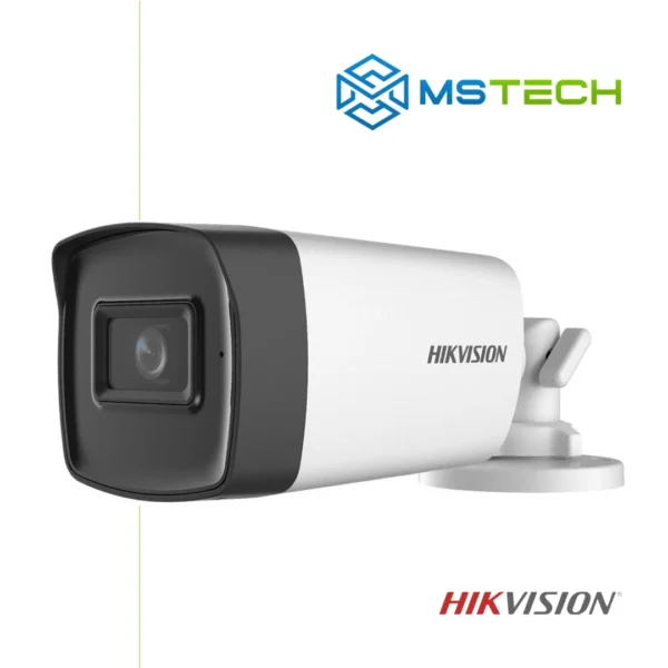 Na slici su prikazani HIKVISION DS-2CE17H0T-IT5F IR BULLET HD-TVI KAMERA (HD-TVI, CVI, AHD, CVBS), logo naše firme "MSTech" i logo proizvođača "HIKVISION".