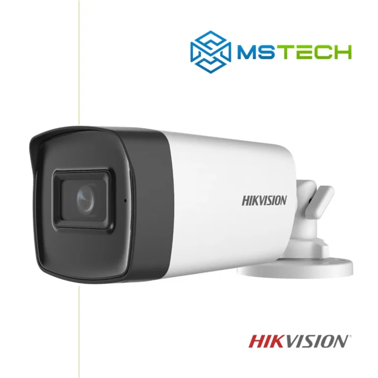 Na slici su prikazani HIKVISION DS-2CE17H0T-IT5F IR BULLET HD-TVI KAMERA (HD-TVI, CVI, AHD, CVBS), logo naše firme "MSTech" i logo proizvođača "HIKVISION".