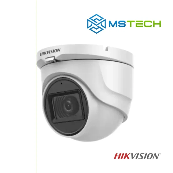 Na slici su prikazani HIKVISION DS-2CE76H0T-ITMFS IR DOME KAMERA, logo naše firme "MSTech" i logo proizvođača "HIKVISION".