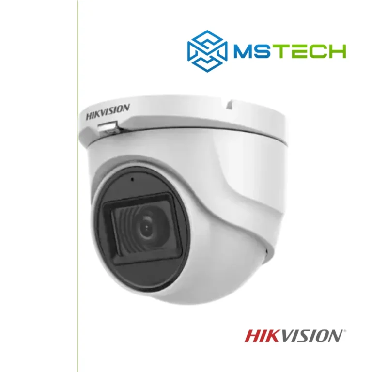 Na slici su prikazani HIKVISION DS-2CE76H0T-ITMFS IR DOME KAMERA, logo naše firme "MSTech" i logo proizvođača "HIKVISION".