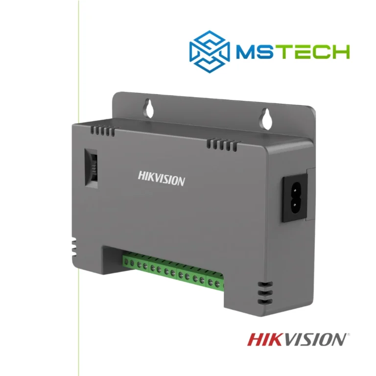 Na slici su prikazani HIKVISION DS-2FA1205-D8 (EUR) NAPONSKA JEDINICA 12VDC SA 8 KANALA, logo naše firme "MSTech" i logo proizvođača "HIKVISION".