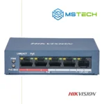 Na slici su prikazani HIKVISION DS-3E0105P-E/M PoE NEUPRAVLJIVI SWITCH, logo naše firme "MSTech" i logo proizvođača "HIKVISION".