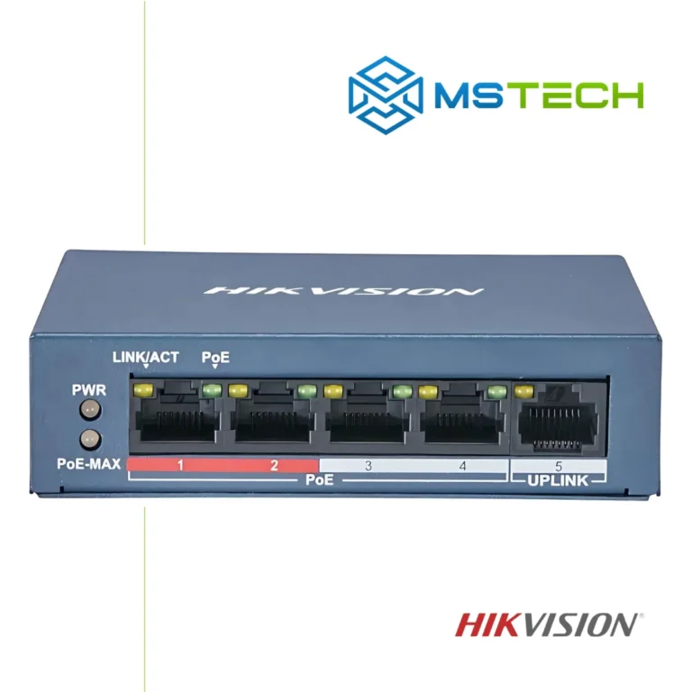 Na slici su prikazani HIKVISION DS-3E0105P-E/M PoE NEUPRAVLJIVI SWITCH, logo naše firme "MSTech" i logo proizvođača "HIKVISION".
