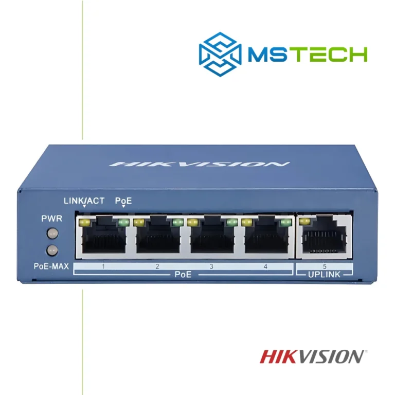 Na slici su prikazani HIKVISION DS-3E0505P-E PoE NEUPRAVLJIVI SWITCH, logo naše firme "MSTech" i logo proizvođača "HIKVISION".