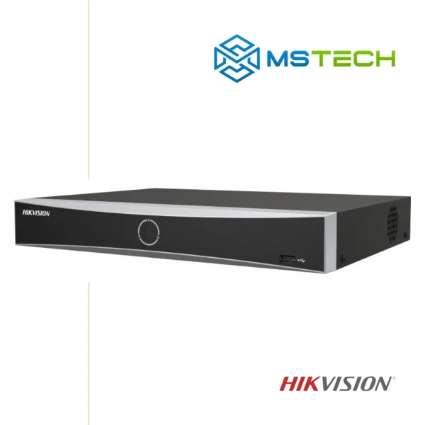 Na slici su prikazani HIKVISION DS-7604NXI-K1/8P MREŽNI VIDEO REKORDER (NVR) S ACUSENSE TEHNOLOGIJOM, logo naše firme "MSTech" i logo proizvođača "HIKVISION".