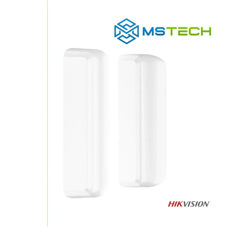 Na slici su prikazani HIKVISION DS-PDMCX-E-WE BEŽIČNI MAGNETNI KONTAKT ZA VANJSKU UPOTREBU, logo naše firme "MSTech" i logo proizvođača "HIKVISION".