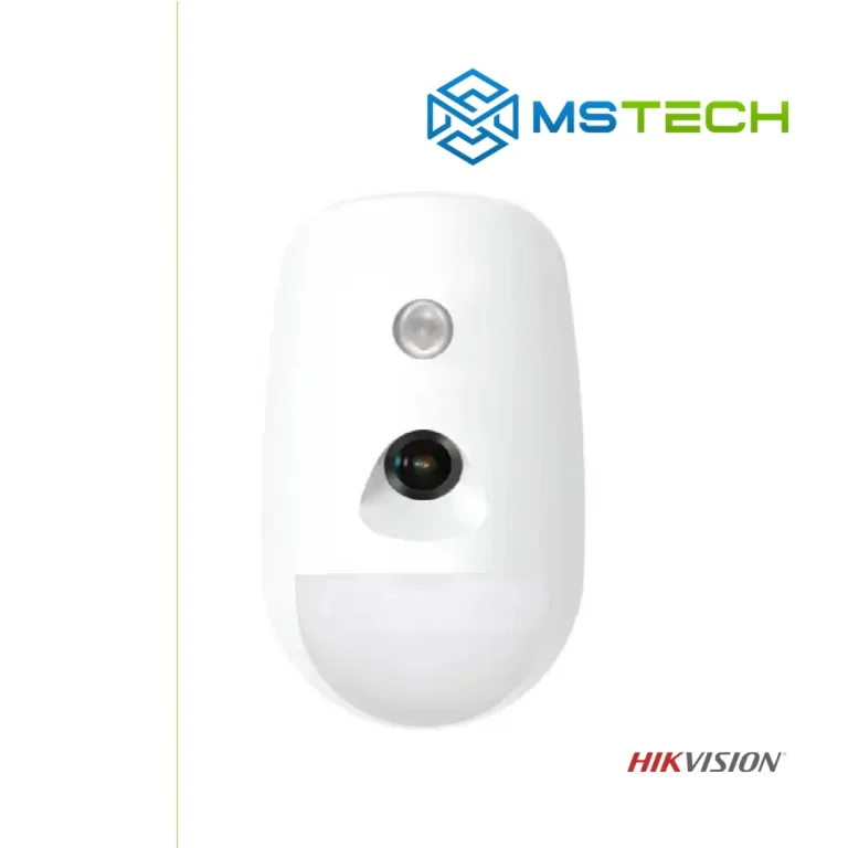 Na slici su prikazani HIKVISION DS-PDPC12P-EG2-WE BEŽIČNI DVOSMJERNI DETEKTOR S KAMEROM, logo naše firme "MSTech" i logo proizvođača "HIKVISION".