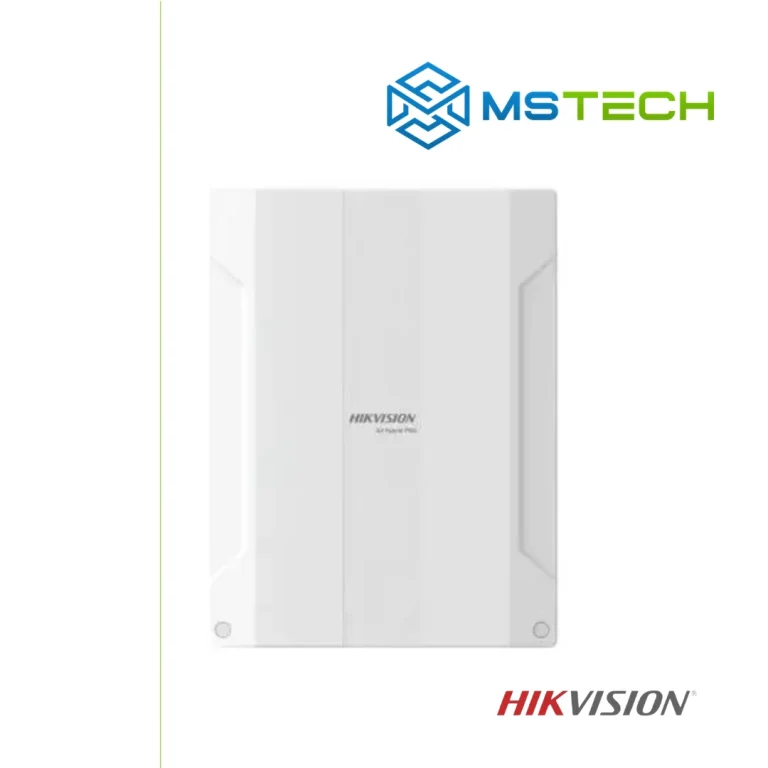 Na slici su prikazani HIKVISION DS-PHA48-EP HIBRIDNA ALARMNA CENTRALA, logo naše firme "MSTech" i logo proizvođača "HIKVISION".