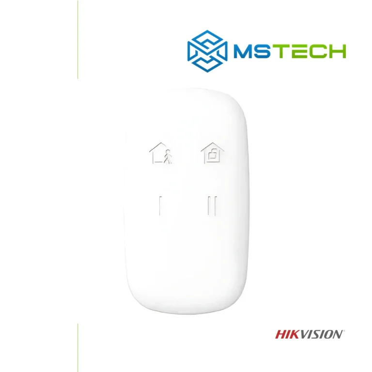 Na slici su prikazani HIKVISION DS-PKF1-WE DALJINSKI UPRAVLJAČ (KEYFOB), logo naše firme "MSTech" i logo proizvođača "HIKVISION".