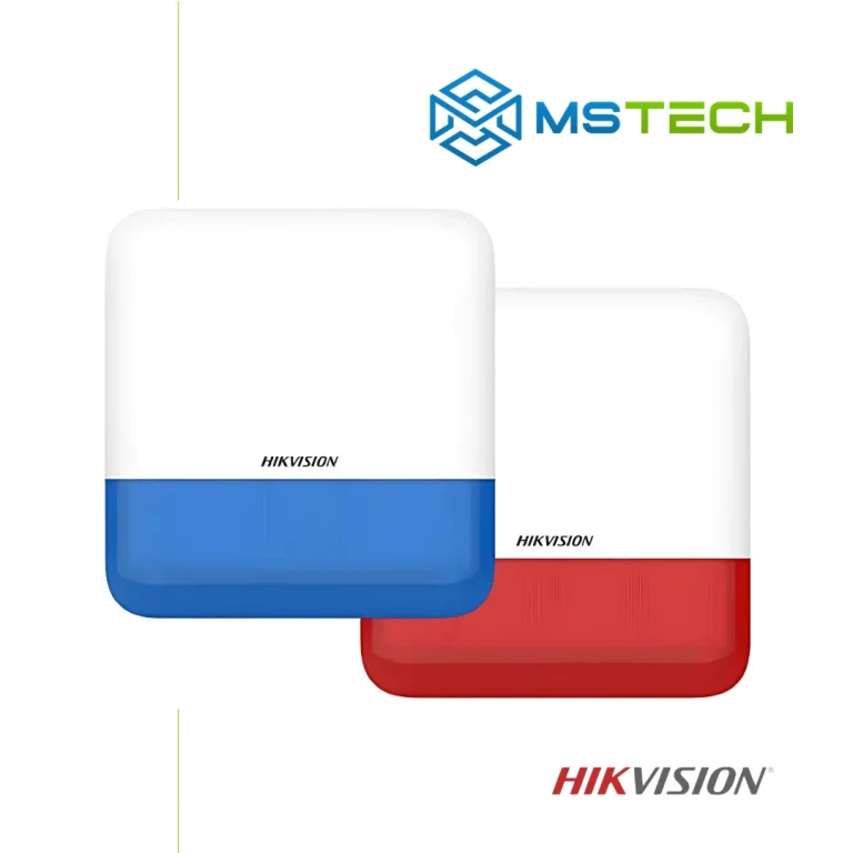 Na slici su prikazani HIKVISION DS-PS1-E-WE BEŽIČNA VANJSKA SIRENA, logo naše firme "MSTech" i logo proizvođača "HIKVISION".