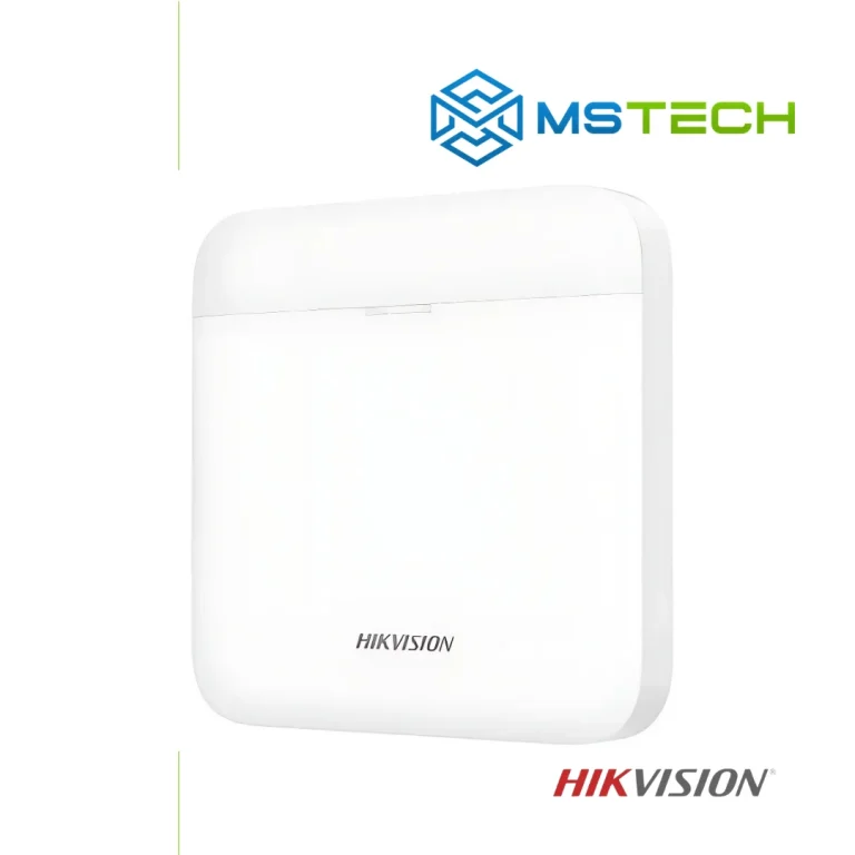 Na slici su prikazani HIKVISION DS-PWA64-L-WE AX PRO BEŽIČNA ALARMNA CENTRALA, logo naše firme "MSTech" i logo proizvođača "HIKVISION".