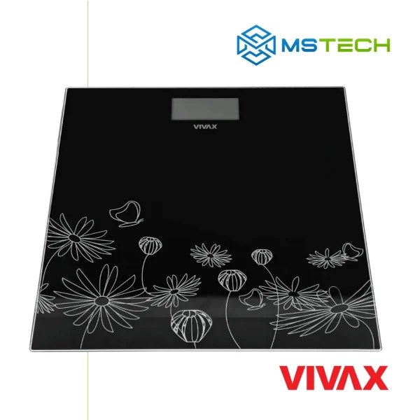 Na slici su prikazani VIVAX HOME LIČNA VAGA PS-156B, logo naše firme "MSTech" i logo proizvođača "VIVAX".