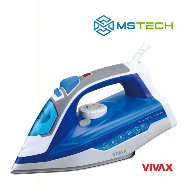 Na slici su prikazani VIVAX HOME PEGLA IR-2200SS, logo naše firme "MSTech" i logo proizvođača "VIVAX".