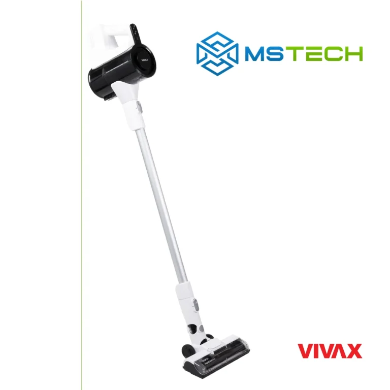 Na slici su prikazani VIVAX HOME ŠTAPNO BATERIJSKI USISIVAČ VCB-3002W– PRAKTIČNO I UČINKOVITO ČIŠĆENJE BEŽICNO, logo naše firme "MSTech" i logo proizvođača "VIVAX".