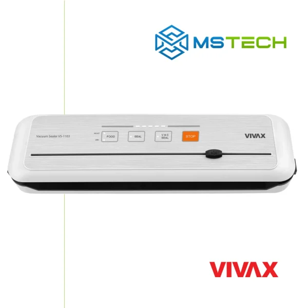 Na slici su prikazani VIVAX HOME UREĐAJ ZA VAKUMIRANJE VS-1103, logo naše firme "MSTech" i logo proizvođača "VIVAX".