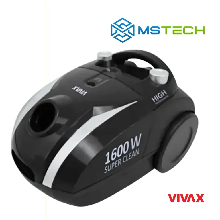 Na slici su prikazani VIVAX HOME USISIVAČ VC-1610B CRNI – SNAŽAN USISAVAČ ZA UČINKOVITO ČIŠĆENJE, logo naše firme "MSTech" i logo proizvođača "VIVAX".