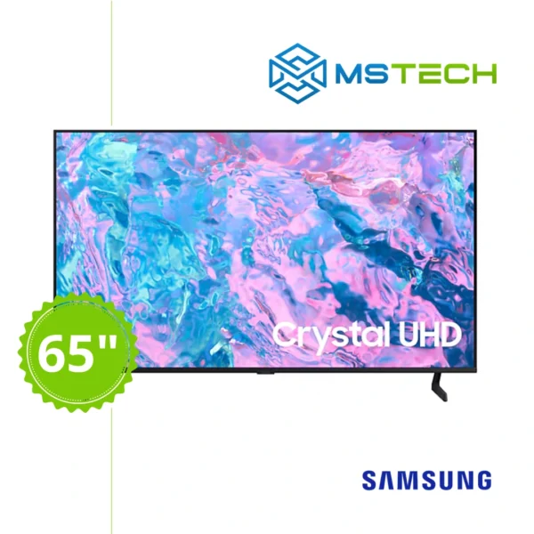 Prikaz prednje strane Samsung LED TV 55" UE55CU7092UXXH televizora sa grafikom. Na slici je pored toga prikazan broj inči (65), logo naše firme "MS Tech" i logo proizvođača "SAMSUNG".
